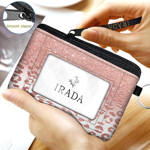 IRADA ID Case Wallet Keychain with Clear ID Window Zipper Cute Coin Purse for Women Water Resistant Small Coin Pouch-Rose Glitter Leopard Keychain Wallet - color: Rose Glitter Leopard-Keychain Wallet