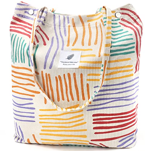 Ayieyill Corduroy Tote Bag for Women Canvas Shoulder Cord Purse with Inner Pocket - color: Colorful Stripes