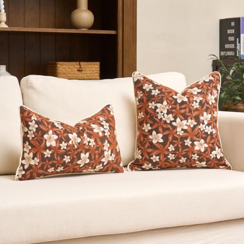Aeckself Neutral Floral Pillow Cover 18 x 18 Inch, Vintage Chenille Square Throw Pillow Cover Soft Home Decorative Farmhouse Accent Couch Pillow Cover for Living Room Bedroom, Orange - color: Orange, size: 18" x 18" (Pack of 1)