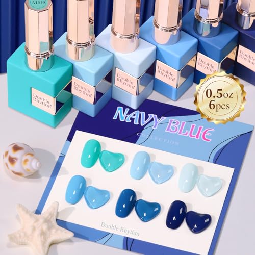 Double Rhythm 6 Pcs 15 ML Gel Polish Set Same Color Same Bottle Soak Off Gel Polish Kit Nail Art Manicure Salon DIY at Home for Women (Light Blue Dark Navy Teal-T6-14) - color: Navy Blue