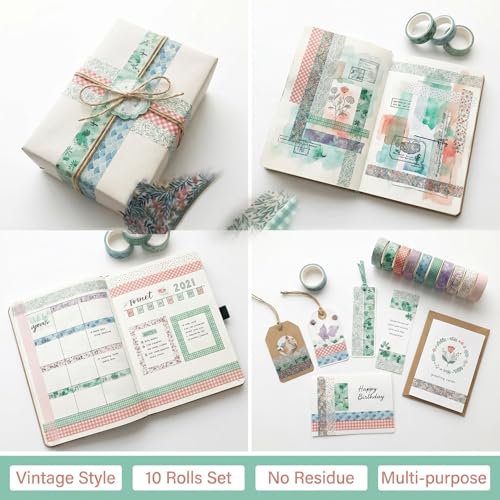 10 Pcs Vintage Washi Tape Set, 1.5 cm × 5 m Decorative Adhesive Tape Rolls, Multi Pattern Decorative Washi Tape for Scrapbooking, Journaling, Art Crafts, Planner, Gift Wrapping & DIY Decorations