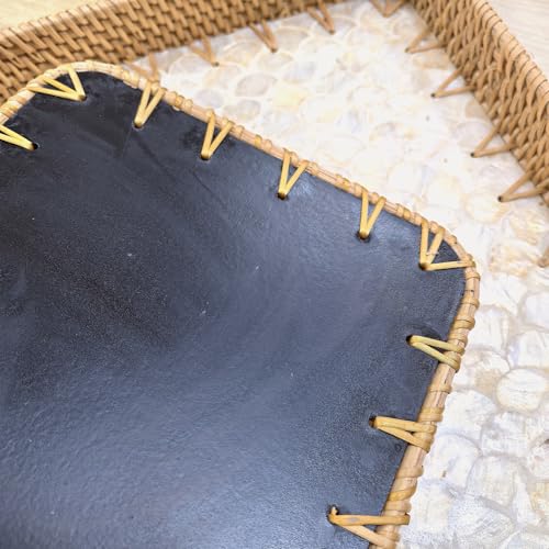 i-lan 2-Piece Rectangular Rattan Serving Trays with Mother of Pearl Inlay – Decorative Handwoven Trays for Coffee Table, Ottoman & Home Organization – Nested Set (13" & 11.5")