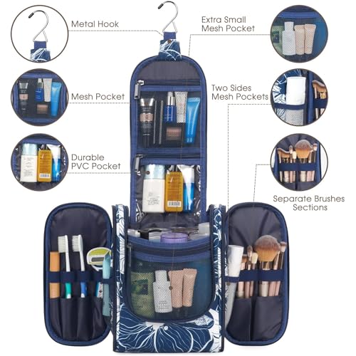 Narwey Hanging Travel Toiletry Bag for Women, Cosmetic Makeup Bag - color: B-Blue Lotus, size: Medium