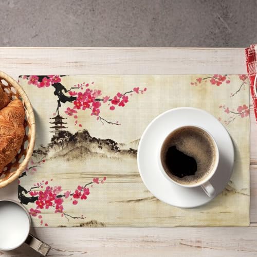 Japanese Cherry Blossom Placemats Washable Table Placemat Set of 4 - color: Pink Beige, size: Set of 4