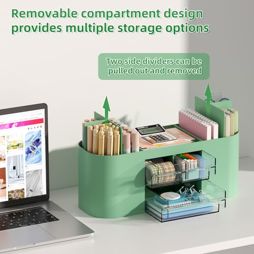 Marbrasse Desk Organizer Pen Holder for Desk with 3 Drawers, Multi-Functional Pencil Holder, Desk Organizers and Accessories with 7 Compartments for Home, School, Classroom(Green) - color: Green