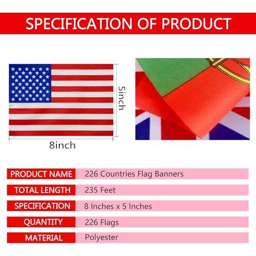 TSMD 226 Different Countries International Flags Banner, 235 Feet Long, 224 Countries, Polyester, UV/Weather Resistant, Decor for Olympics, Grand Opening, Sports Events, International Festival