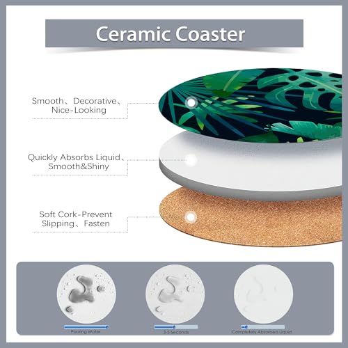Drink Coasters Set of 6 with Holder,Tropical Palm Leaves Green Absorbent Ceramic Coasters with Cork Base,Fit All Cups,Tabletop Protection Mat for Mugs and Cups,Office,Kitchen - color: Tropical Palm Leaves Green