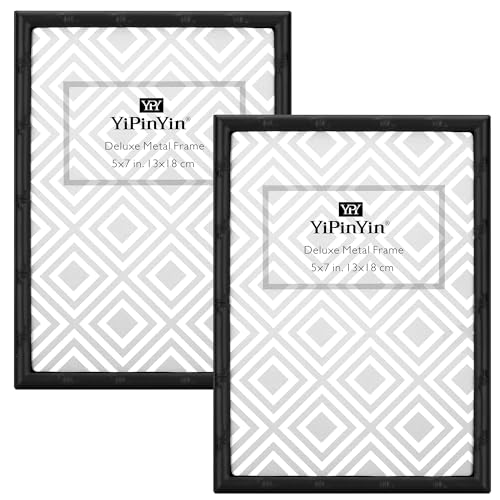 YiPinYin Black 5x7'' Bamboo Detail Design Metal Picture Frame 2pack,Elegant Metal Photo Frames 7x5'' With Real Glass and Soft Touch Velvet & Backing for Desktop and Wall Décor - color: Black, size: 5x7Inch 2PK