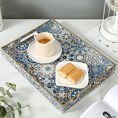 AGIOTA Boho Coffee Table Trays Serving Tray with Handles Large Tray for Ottoman Modern Decorative Tray for Living Room - color: Bohemian Blue Single