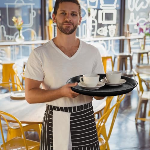 Hacaroa 4 Pack Round Restaurant Serving Trays, 11.5 Inch Plastic Food Service Trays Non-Skid Food Platter for Cafeteria, Bar, Coffee Shop, Hotel, Tailed Lines, Black