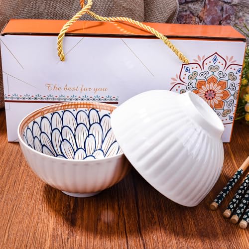 Porcelain Rice Bowl with Chopsticks Set of 2, 4.5'' Bohemian Sushi Bowls - style: TH4