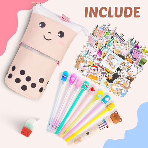 Cute Boba Pencil Case Set for Girls - Back to School Supplies Kit with Pop Up Pencil Pouch, Pens, Stickers & Eraser, Kawaii Stationery Set for Students, Classroom, & Journaling (Pink Bubble Tea) - style: Bubble Tea Stationary (Pink)