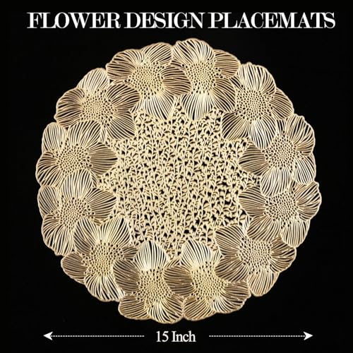 Quantum Love Gold Round Placemats Set of 6 Flower Metallic Circle Vinyl Place Mats 15 Inch Wipeable Hollow Out Table Mat for Anniversary Wedding Events Kitchen - color: Gold Flower