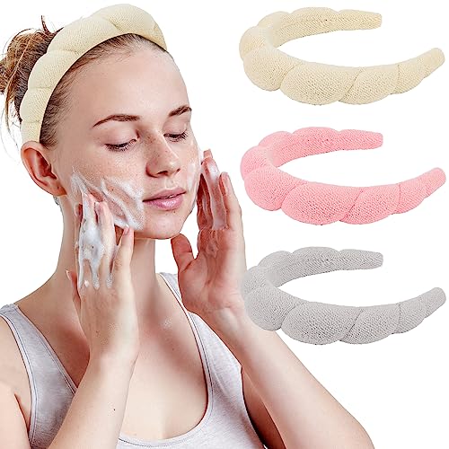 WHAVEL 3 Pack Spa Headband for Skincare, Makeup, Face Washing - Sponge Terry Cloth Puffy Hair Band for Women Girls (Gray, Khaki, Pink) - color: Gray, Khaki, Pink