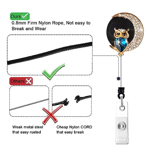 Crystal Badge Reel Retractable ID Holder with Cute Owl Moon Bling Design - color: Owl Moon