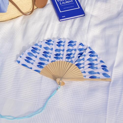 Fisura – Original Folding Fan with Fish Print. Modern and Colorful Wooden Folding Fan. Blue & White Folding Fan. Includes Strap. Fun Gift idea. 16.7 x 9 in. - color: Blue