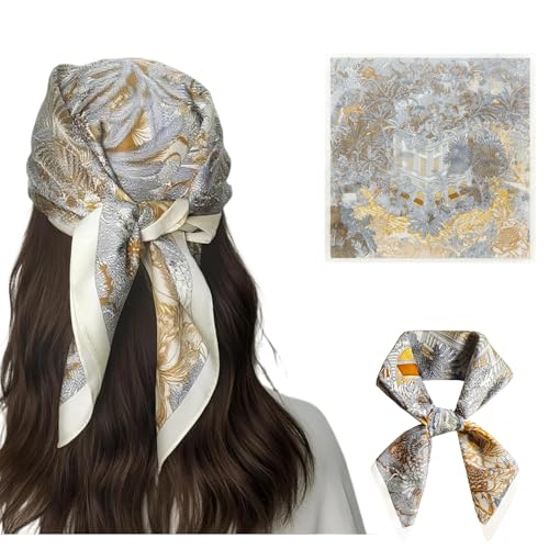 Seawhisper Premium Printed Satin Silk-Like Neck Scarf for Women Square 26" - color: Gold