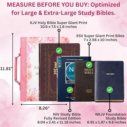 Large Bible Cover Case for Women - Faux Leather Bible Study Organizer Bag with Complete Journaling Kit & Accessories, Pink Floral with Zipper Closure