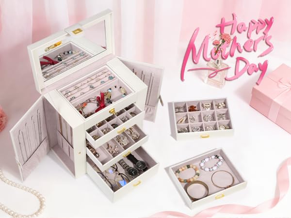 Kendal Extra Large Jewelry Box Jewelry Case PU Leather 6 Tier 5 Drawers Large Storage Capacity with Mirror Jewelry Storage Organizer Great Gift Also Good For Watches LJC-SHD5CM(White) - color: White, size: Extra-Large(12.7"x12"x6.7")