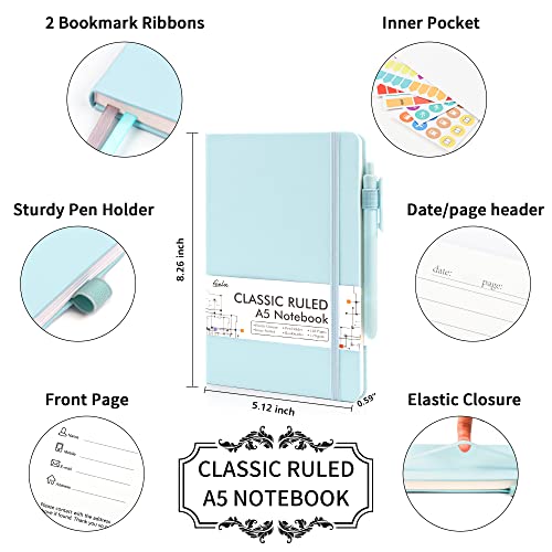 feela 12 Pack Notebooks Journals Bulk, Hardcover Notebook Classic Ruled Lined Journals with Pen Holder for Women Girls School Business Supplies, with 12 Black Pens, 120 GSM, 5.1”x8.3”, A5, Sky Blue - color: 12 Sky Blue