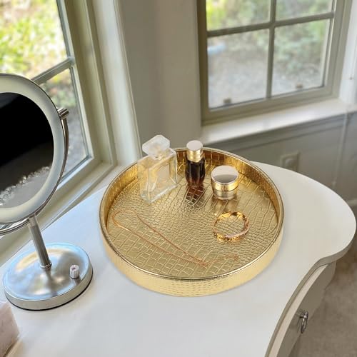 HofferRuffer Faux Leather Round Serving Tray, Vegan Croco Leather Decorative Tray, Food Tray for Storage Drinks, Snack & Cosmetics, Dia.12'' x 1.6'' (Gold) - color: Gold, size: 12"