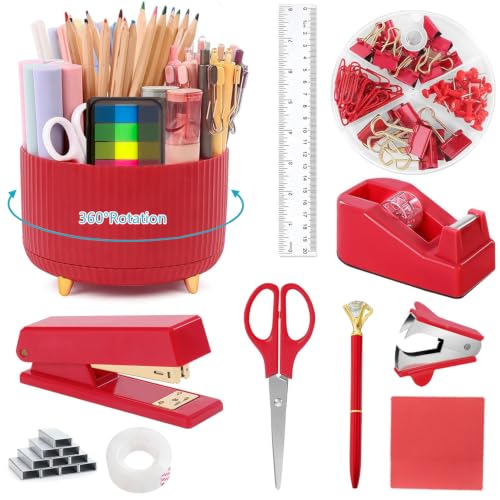 Office Supplies,School Supplies,Red Desk Accessories,Desk Organizer,Scissors,Stapler,Tape Dispenser,Binder Clips,Staples,Staple Remover,Sticky Notes,Clear Tape,Pen,Ruler,Best Gift,11pcs - color: Red, size: 11 pcs set