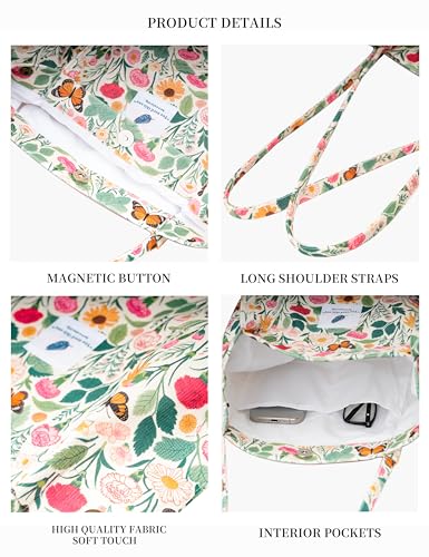 Corduroy Tote Bag Cute Tote Bags for Women Shoulder Bag with Inner Pocket for Work Beach Travel and Shopping Grocery - style: Butterfly Flower