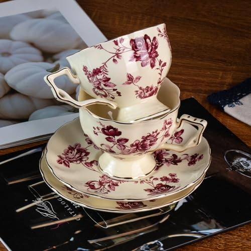 KAMMAK Tea Cups and Saucers Set of 2, 7 oz Porcelain Coffee Cups, 562N - size: 7KPSP562N