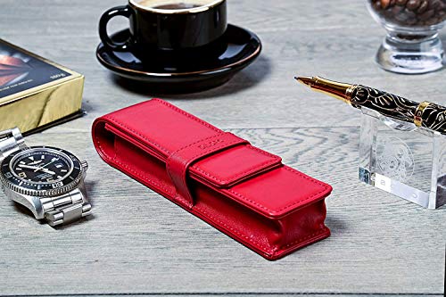 DiLoro Leather Double Pen Case Pencil Pouch Holder for Two Fountain Ballpoint Rollerball Pens and Pencils (Red) - color: Red