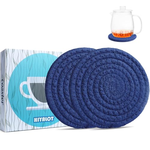 4.8" Drink Cotton Coasters Set of 2 - Large Absorbent Fabric Drink Pads for Coffee Mugs, Stylish Boho Cup Mats for Desk, Bedside Table, Plant Pots – Durable Minimalist Home Decor (Rich Blue, 2pack) - color: Rich Blue