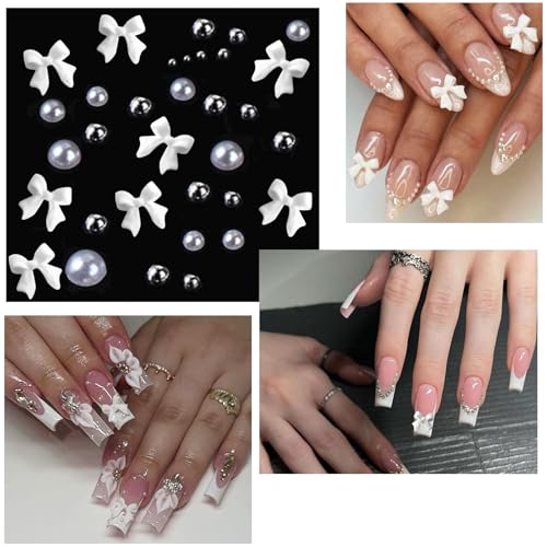 White Bow Nail Charms with Pearls Rhinestones for Women - color: Colorful-11