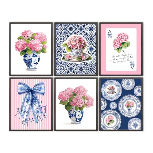 LUKIPOM Pink Chinoiserie Hydrangea Wall Art Poster,Coquette Blue Bow Grandmillennial Floral Wall Decor Gifts for Women Teen Girls Home Bedroom Living Room,12x16in Set of 6 Unframed - color: Color 020