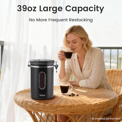 Veken Coffee Canister with Window, 39OZ Large Airtight Stainless Steel Jars - color: Black, size: 39 oz