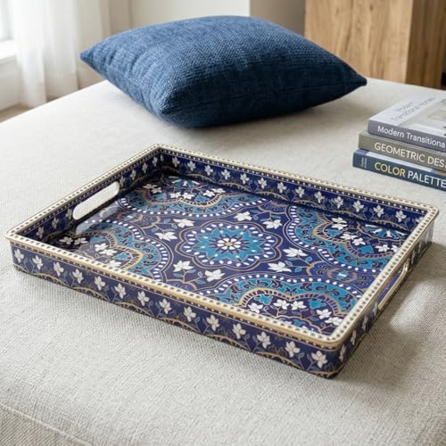 Boho Serving Tray with Handles, Large Rectangular Decorative Ottoman Tray with Gold Beaded Rim, Blue Floral Mandala Design, for Coffee Table, Kitchen Counter, Vanity, 15.7”x11.8” - color: Blue&floral