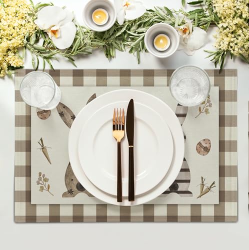 Easter Bunny Buffalo Plaid Placemats Set of 4 Rabbit Spring Egg Dining Table Placemats 12x18 Inch Check Brown White Heat Resistant Washable Table Mats for Kitchen Dining Holiday Indoor - color: Easter Plaid Rabbit
