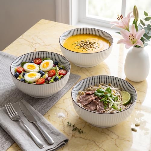 60 oz Large Soup Bowls Set of 3, Pho Bowls, Ramen Bowl - Striped - size: Striped Pattern (8 Inch, 60 oz)