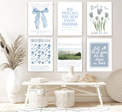 6Pcs Framed Blue Christian Canvas Wall Art Bible Verses - color: Blue Bible-Wrapped canvas, size: 16"Lx12"W