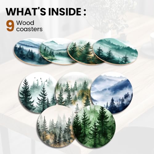 ANATTASOUL Watercolor Forest Mountain Wooden Coasters Set of 9 Bulk(3.9") - style: Watercolor Forest Mountain