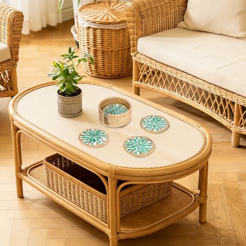 Boho Coastal Coasters Set of 6, Handmade Coasters with Holder, Green Leaf - style: Green Leaf