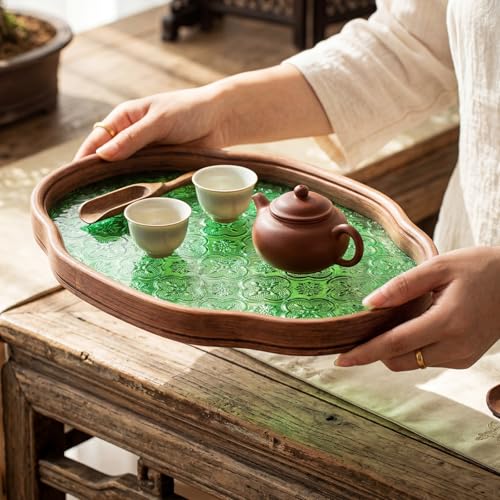 Glass Serving Tray with the Crabapple Pattern and Walnut Rectangular Serving Platter, Vintage Floral Edge Decorative Countertop Organizer for Vanity, Coffee Table, Jewelry Display(Green) - color: Green