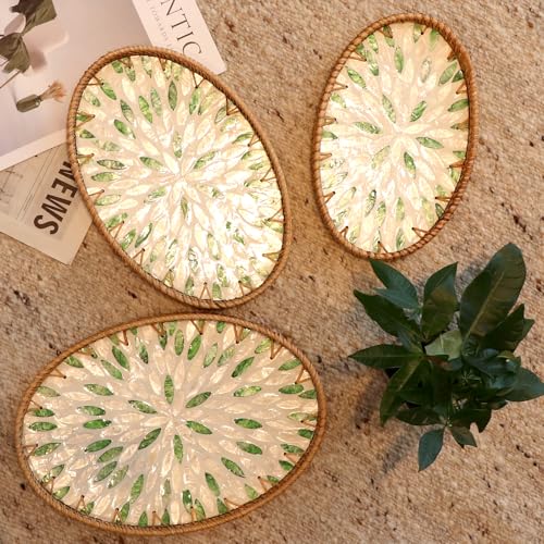 3 Pcs Oval Handwoven Rattan Mother of Pearl Inlay Serving Tray Home Decor