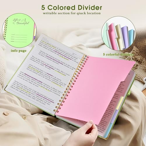 Hardcover Spiral Notebooks for Work, 5 Subject Notebook College Ruled with Dividers Tabs, Lined Organizer Notebook Journal for women, 8"x10" Large B5 Notebooks for School Note taking, 240 Pages Green