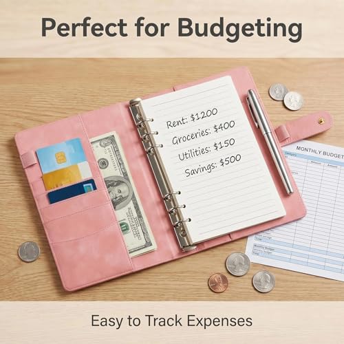 A5 6 Ring PU Leather Binder Notebook Refillable Planner Organizer, Budget Binder with Pockets Dividers Refill Paper for Office School Travel Diary (Pink) - color: Pink
