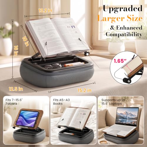 Rimkoo 3-in-1 Lap Desk for 15.6" Laptop, Reading Book & Tablet, Elevated Pillow Stand with Storage & Dark Wood Panel, Adjustable Multi-Angle Beanbag Holder for Bed, Couch & Sofa