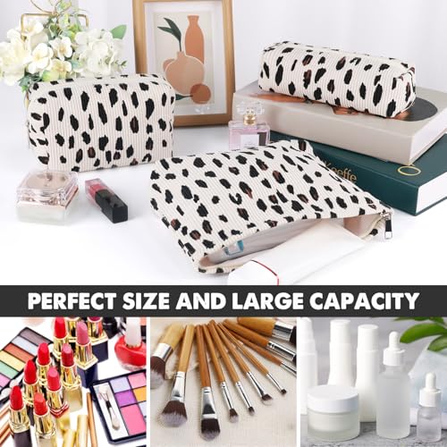3 Pcs Makeup Bag Cosmetic Bag Set for Girls Women Travel Organizer Bathroom Toiletry Pouch Large Capacity Storage Bag (Leopard Beige) - color: Leopard Beige