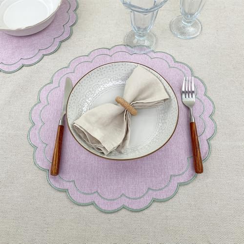 Linen Cotton Placemats Set of 4 Scalloped Flower Embroidery Place Mats 15'' Natural Linen Texture Fabric Machine Washable Table Mats for Restaurant Kitchen,Table Decor(Lilac) - color: Lilac