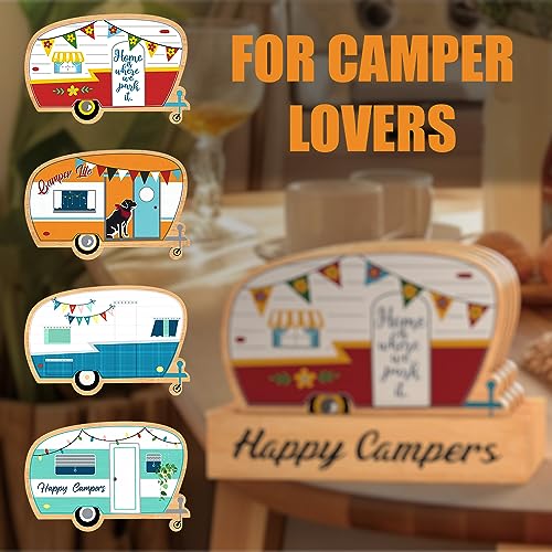 Wood Drink Coasters Set of 4, Happy Camper Cute Coasters with Holder - color: Red