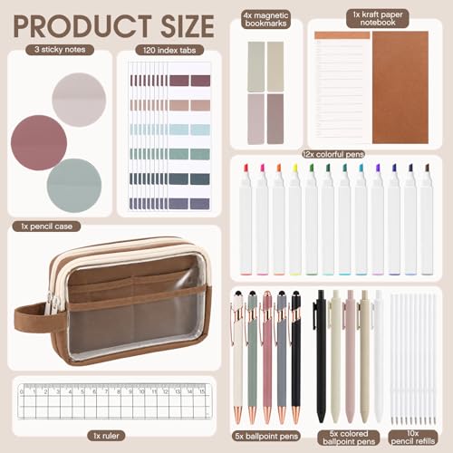 Crtiin 52 Pcs Aesthetic Pencil Pouch Set with Pen Highlighters, Brown - color: Brown