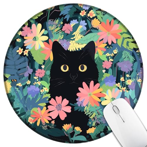 Hancynir Black Cat Round Mouse Pad, Small Mousepad for Laptop Desk Office - color: Floral Cat