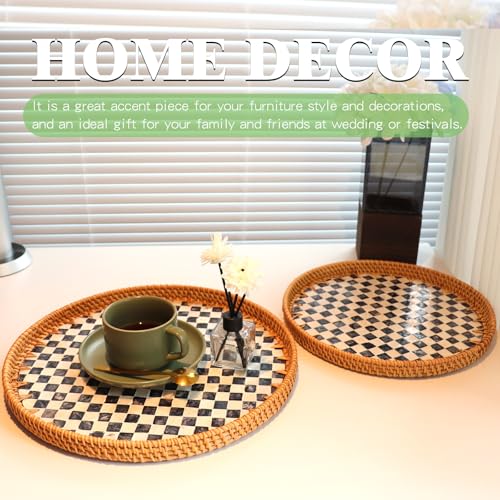2 Pcs 11.8in & 13.8in Round Rattan Mother of Pearl Inlay Serving Tray